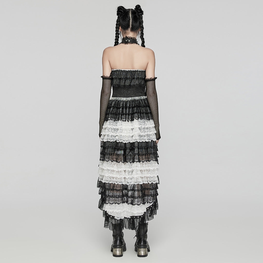 WLQ-107LQF Gothic Lace Ruffled Maxi Dress with Mesh Sleeves?-??Punk Rave Clothing
