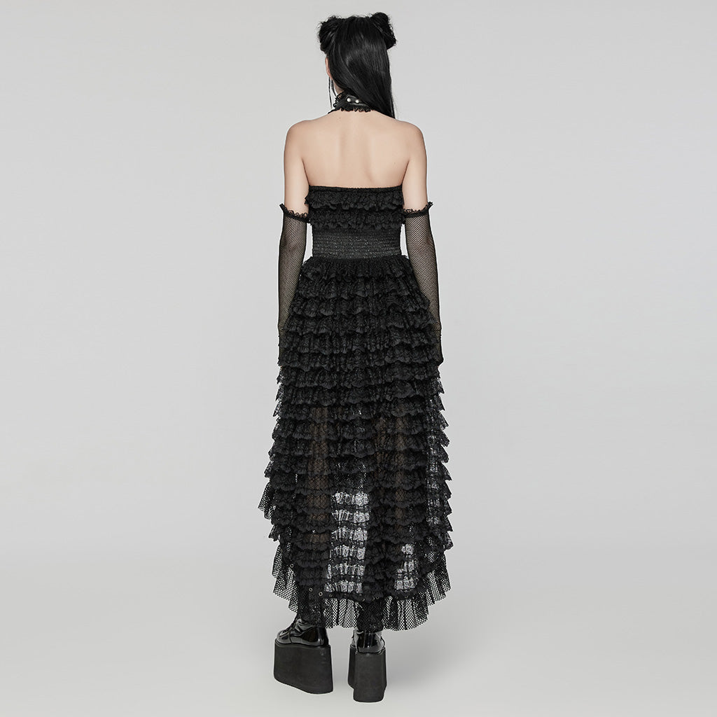 WLQ-107LQF Gothic Lace Ruffled Maxi Dress with Mesh Sleeves?-??Punk Rave Clothing