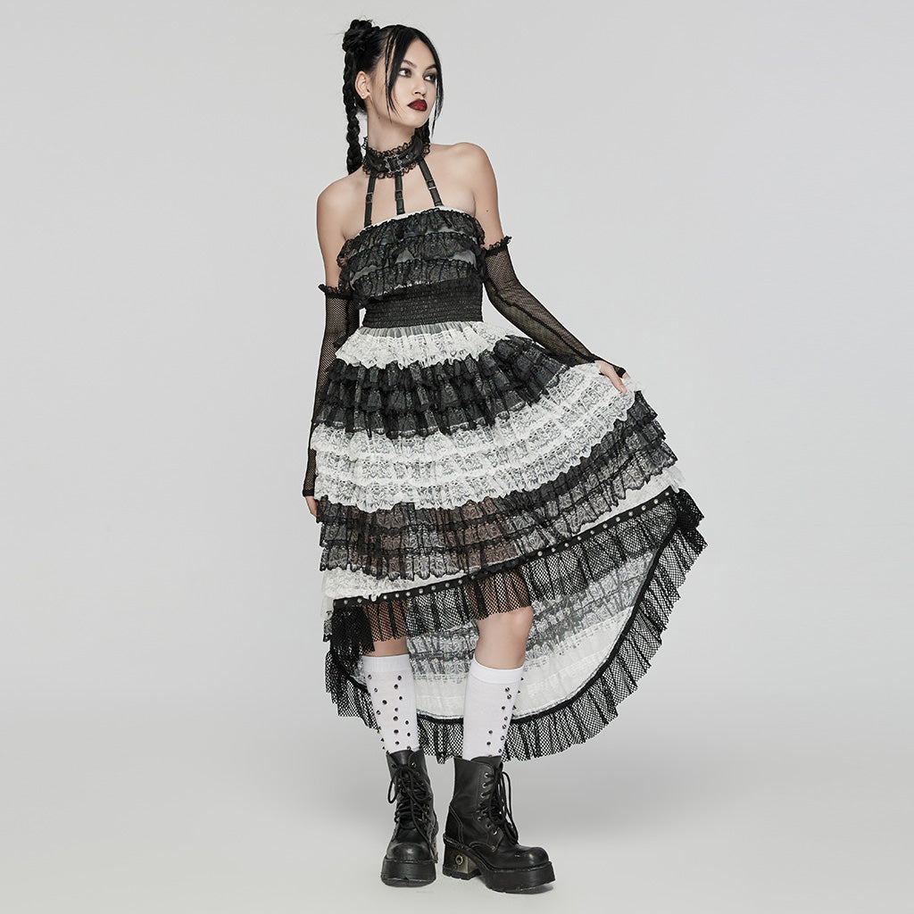 WLQ-107LQF Gothic Lace Ruffled Maxi Dress with Mesh Sleeves?-??Punk Rave Clothing