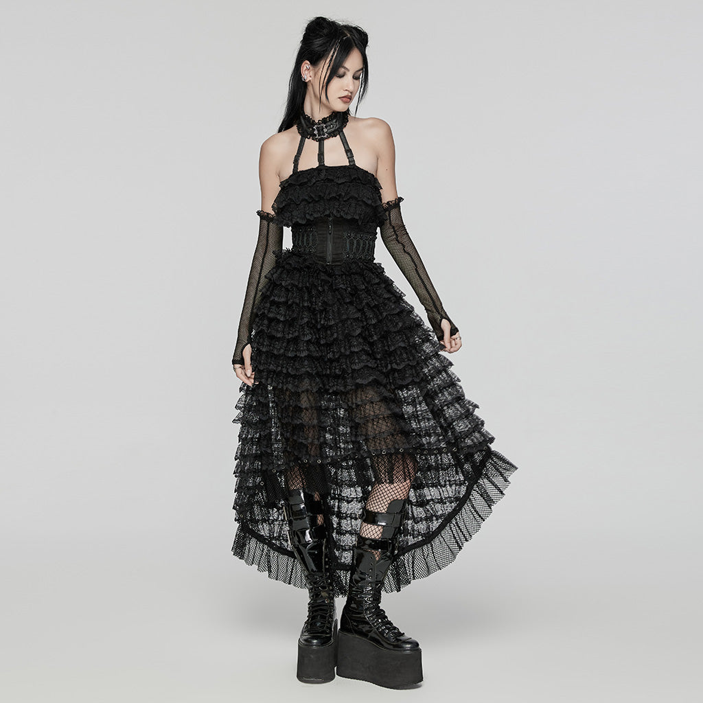 WLQ-107LQF Gothic Lace Ruffled Maxi Dress with Mesh Sleeves?-??Punk Rave Clothing