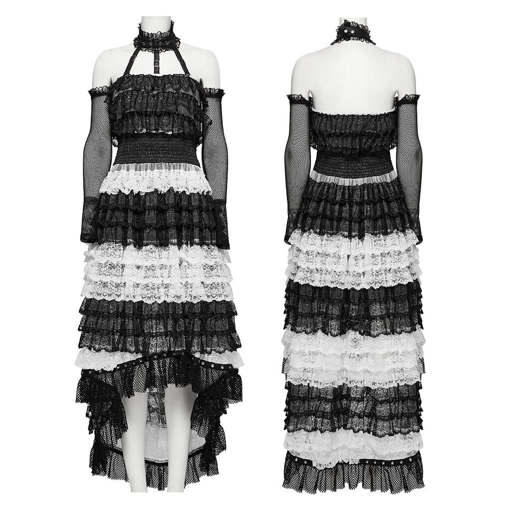 WLQ-107LQF Gothic Lace Ruffled Maxi Dress with Mesh Sleeves?-??Punk Rave Clothing