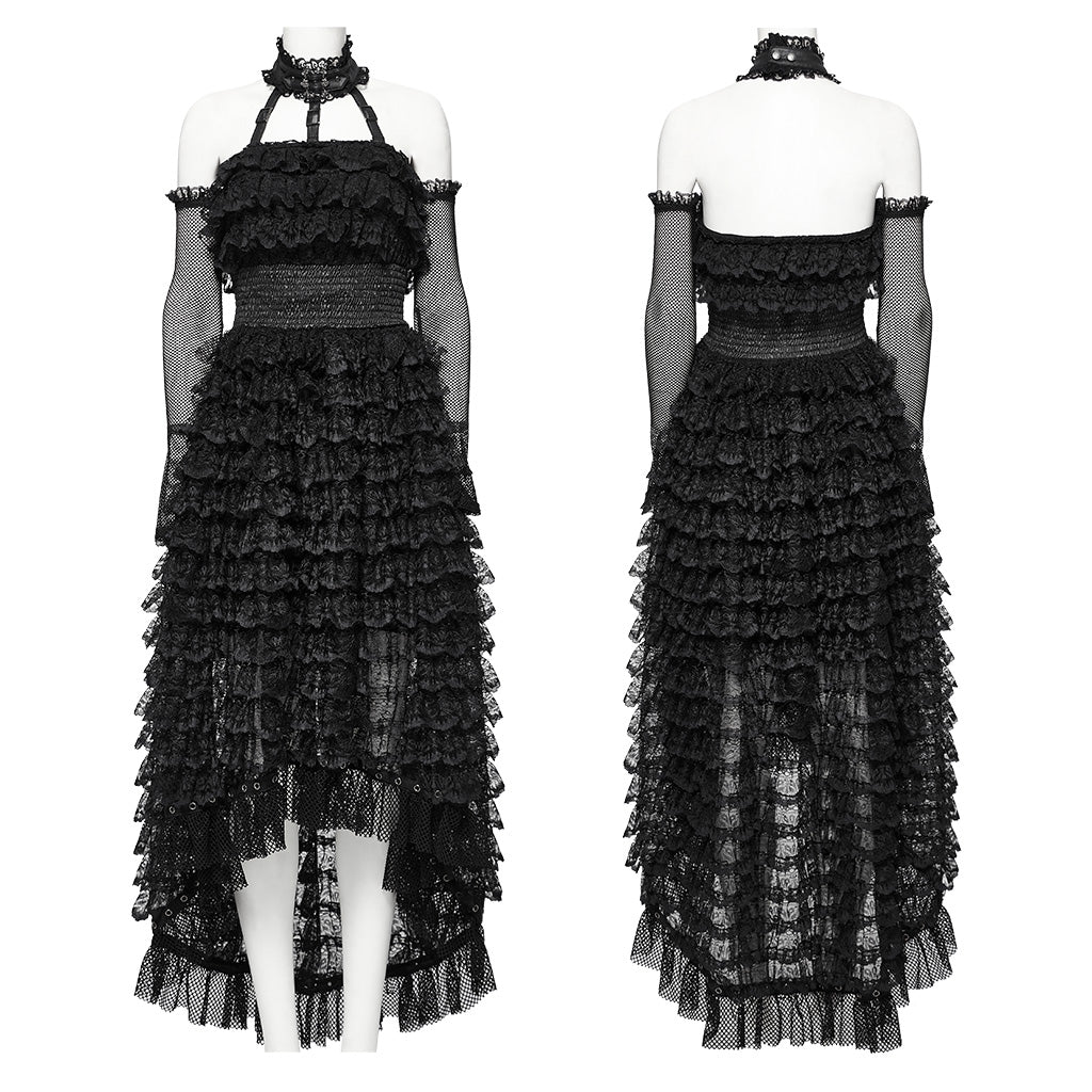WLQ-107LQF Gothic Lace Ruffled Maxi Dress with Mesh Sleeves?-??Punk Rave Clothing