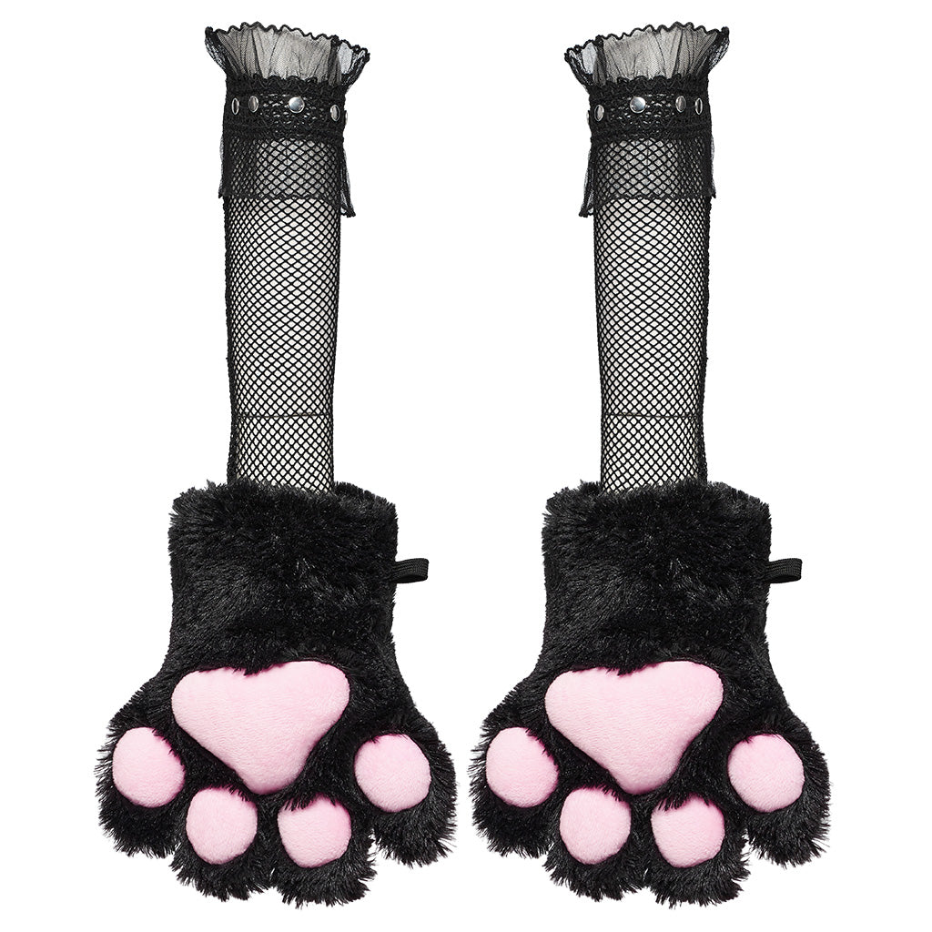 WLS-068SSF Furry Cat Paw Gloves Fishnet Punk Accessories Costume