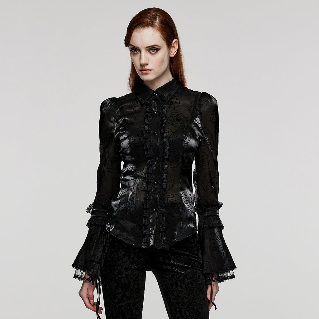 WLY-104XCF Gothic Floral Patterned Flared Sleeve Shirt?-??Punk Rave Clothing