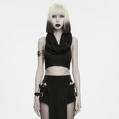 WM-098TMF Edgy Cropped Black Punk Sweater with Cowl Neck Design