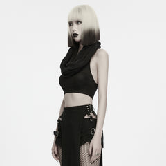 WM-098TMF Edgy Cropped Black Punk Sweater with Cowl Neck Design