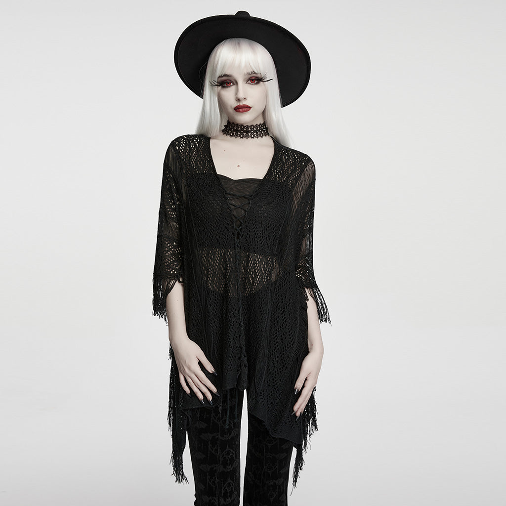 WM-100TMF Womens Gothic Sweater Lace Knit Asymmetric Hem Witchy Poncho