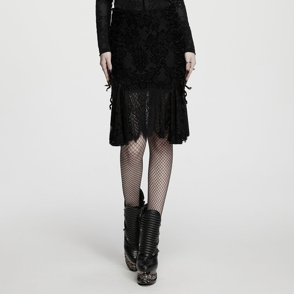WQ-1001BQF Black Gothic Skirt with Lace Overlay and Mesh Details