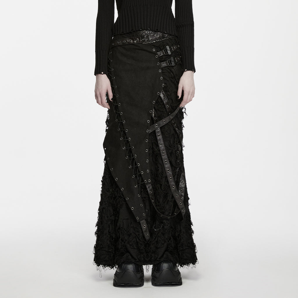 WQ-1003BQF Gothic Black Maxi Punk Skirt with Buckle Strap Details