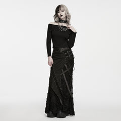 WQ-1003BQF Gothic Black Maxi Punk Skirt with Buckle Strap Details