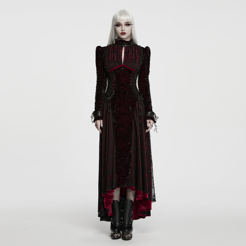 WQ-1004LQF Gothic Dress Velvet Floral High Low Long Sleeve Gown
