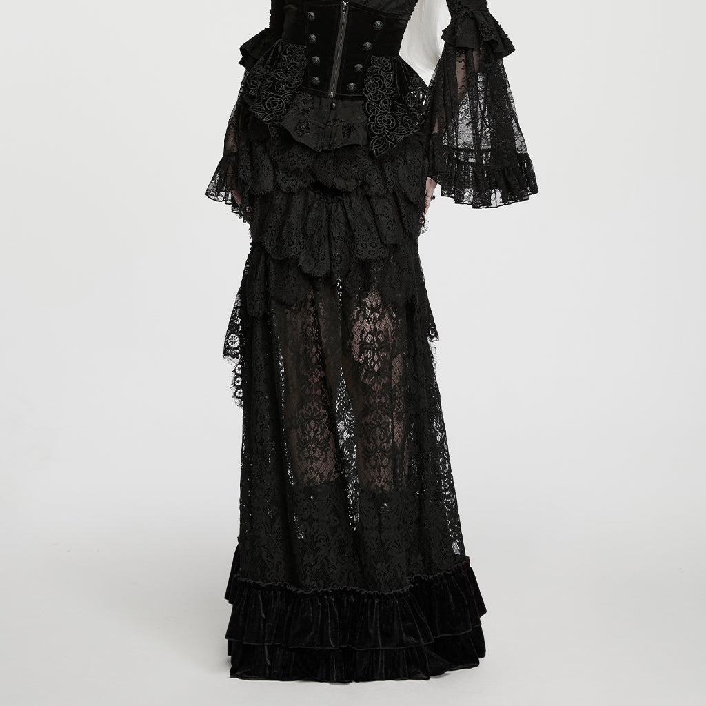 WQ-1007BQF Victorian Lace Layered Gothic Skirt with Velvet Ruffle Details