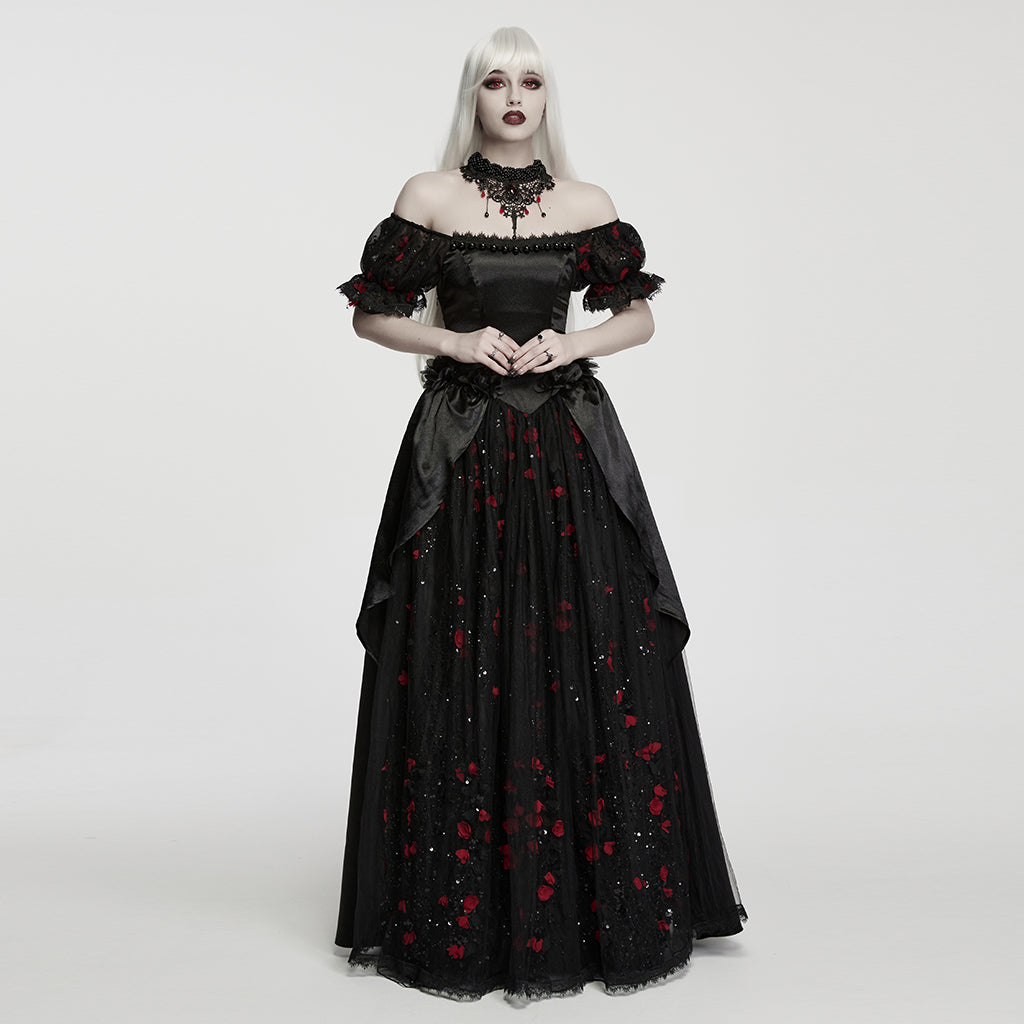 WQ-1009LQF Gothic Dress Off Shoulder Black Red Floral Embellished Evening Gown