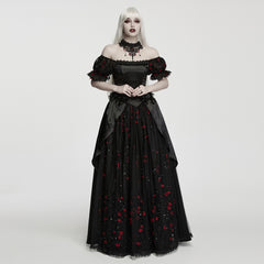 WQ-1009LQF Gothic Dress Off Shoulder Black Red Floral Embellished Evening Gown