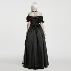 WQ-1009LQF Gothic Dress Off Shoulder Black Red Floral Embellished Evening Gown