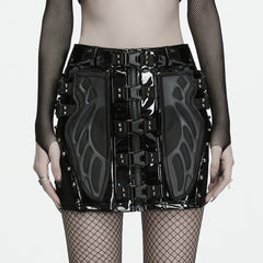 WQ-1019BQF Gothic Buckle Strap PVC Punk Skirt with Mesh Panels