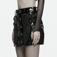 WQ-1019BQF Gothic Buckle Strap PVC Punk Skirt with Mesh Panels
