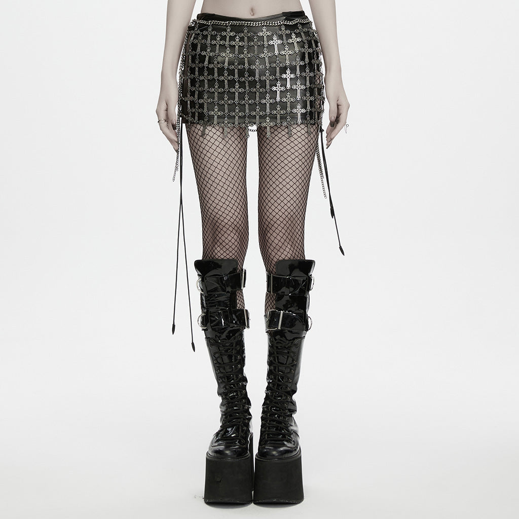 WQ-1032BQF Cross Chain Mini Punk Skirt with Tassel Details