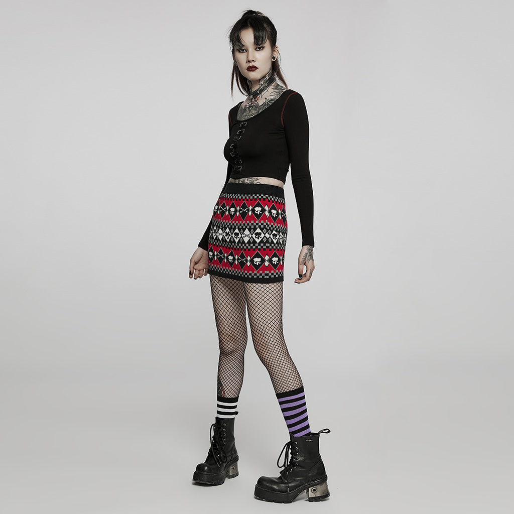 WQ-601BQF Edgy Argyle Punk Skirt with Geometric Black Red Design