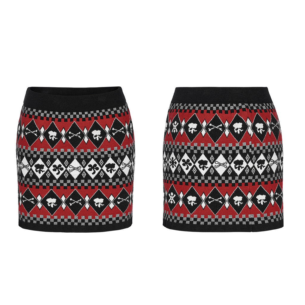 WQ-601BQF Edgy Argyle Punk Skirt with Geometric Black Red Design