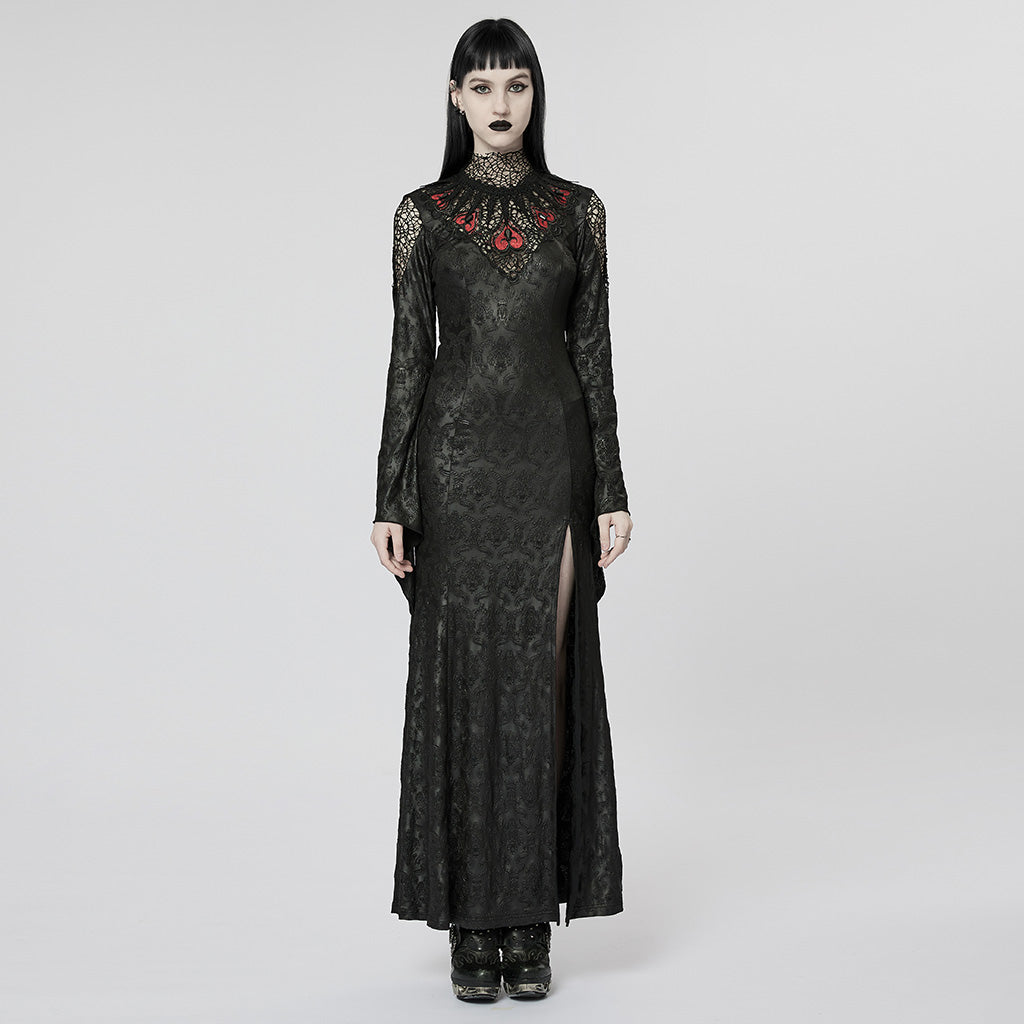 WQ-618LQF Gothic Lace High Neck Dress with Floral Embroidery Details