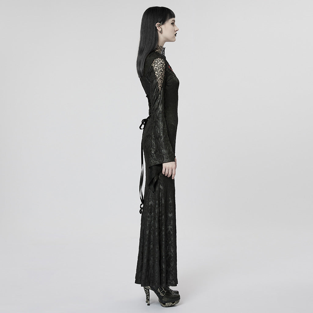 WQ-618LQF Gothic Lace High Neck Dress with Floral Embroidery Details?-??Punk Rave Clothing