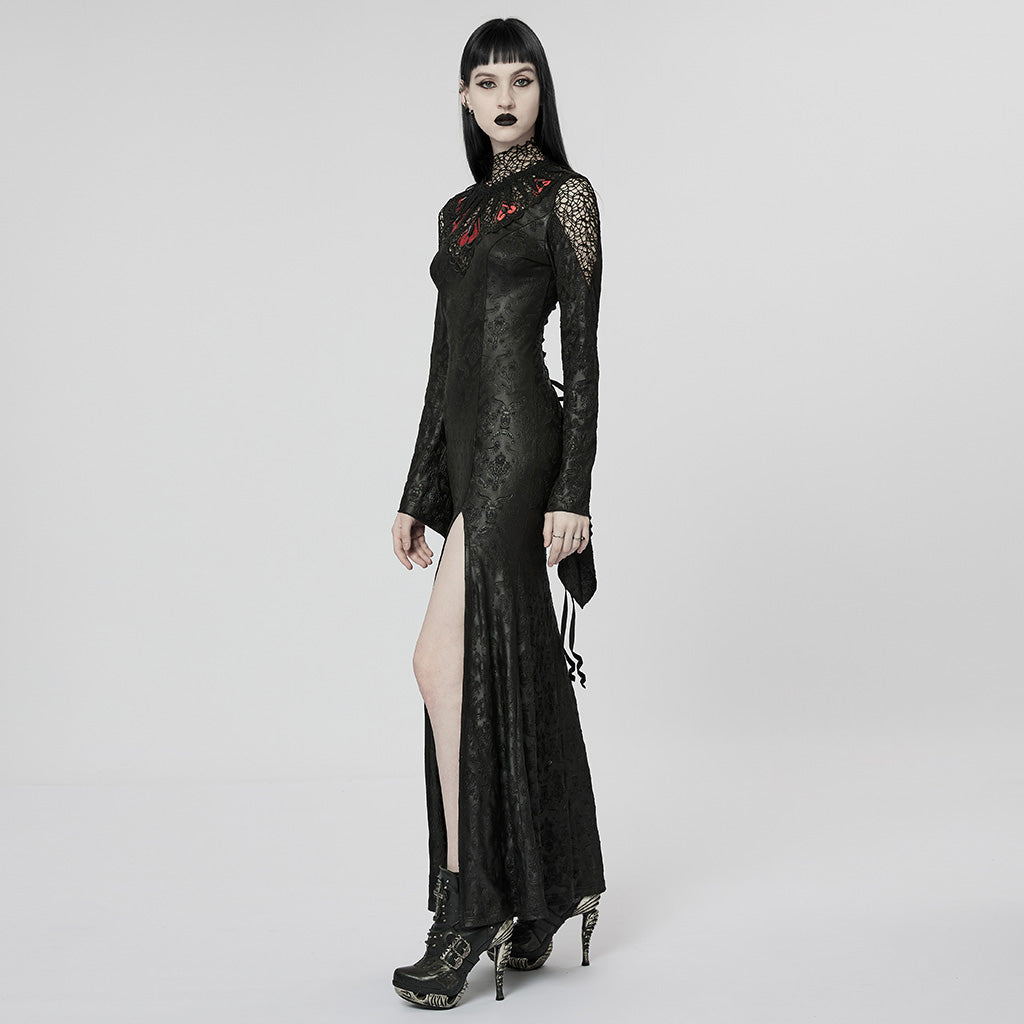 WQ-618LQF Gothic Lace High Neck Dress with Floral Embroidery Details?-??Punk Rave Clothing