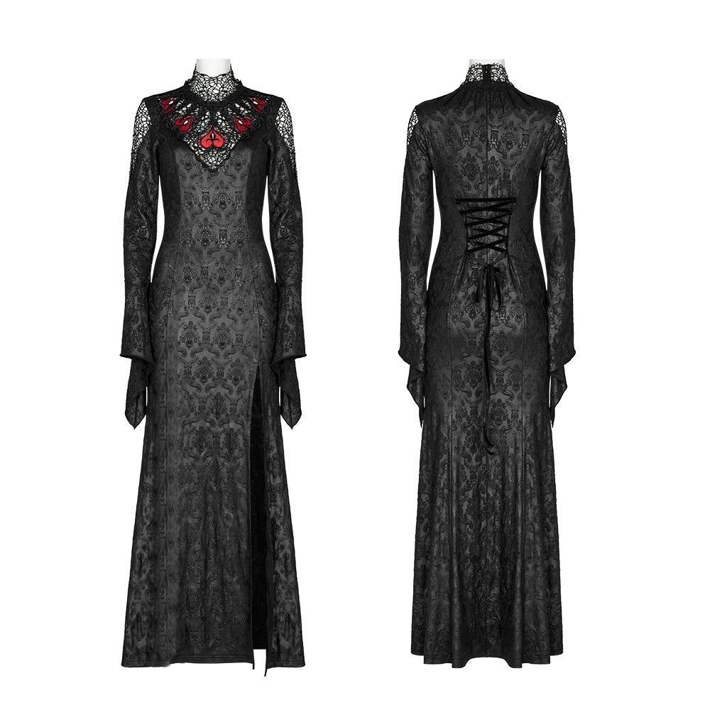 WQ-618LQF Gothic Lace High Neck Dress with Floral Embroidery Details?-??Punk Rave Clothing