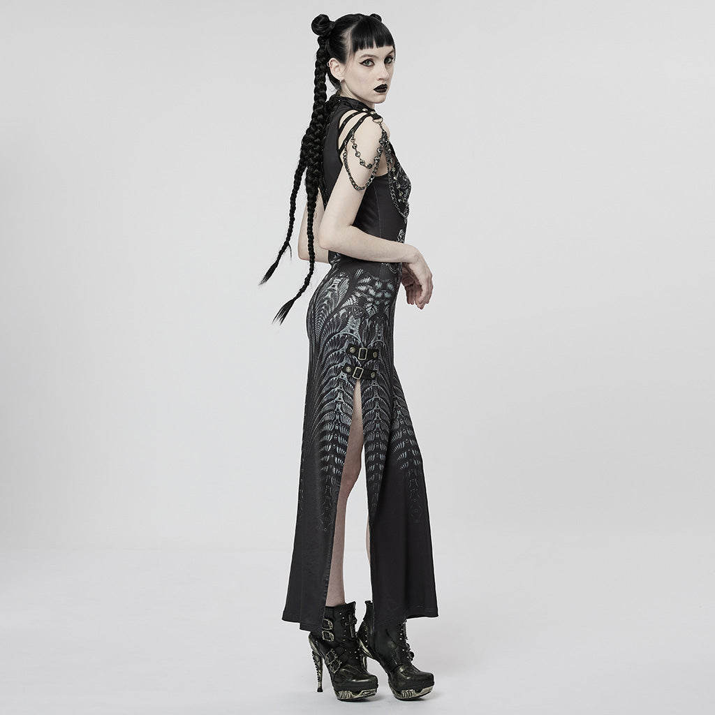 WQ-622LQF Elegant Lace Gothic High-Slit Dress with Chain Details?-??Punk Rave Clothing