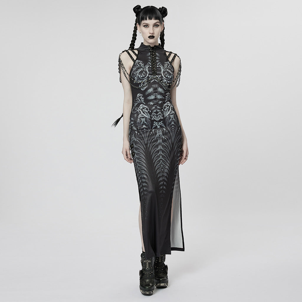 WQ-622LQF Elegant Lace Gothic High-Slit Dress with Chain Details