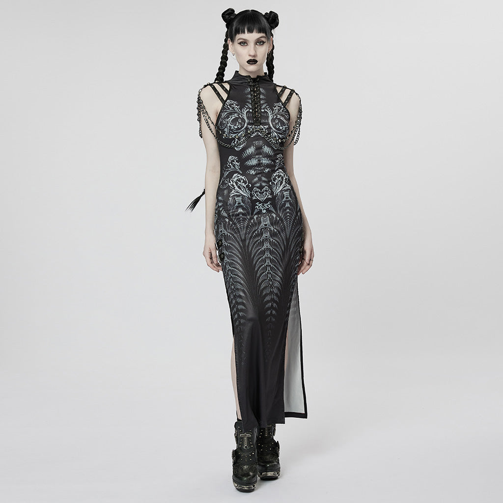 WQ-622LQF Elegant Lace Gothic High-Slit Dress with Chain Details?-??Punk Rave Clothing
