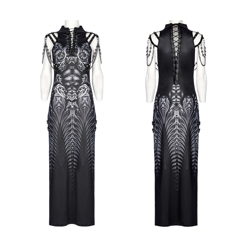 WQ-622LQF Elegant Lace Gothic High-Slit Dress with Chain Details?-??Punk Rave Clothing