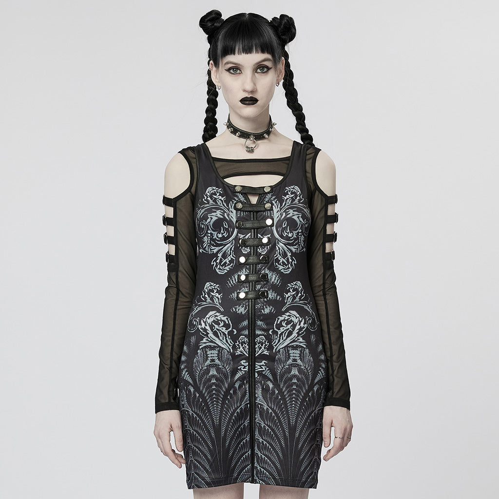 WQ-623LQF Mesh Sleeve Gothic Dress with Intricate Lace Skull Design