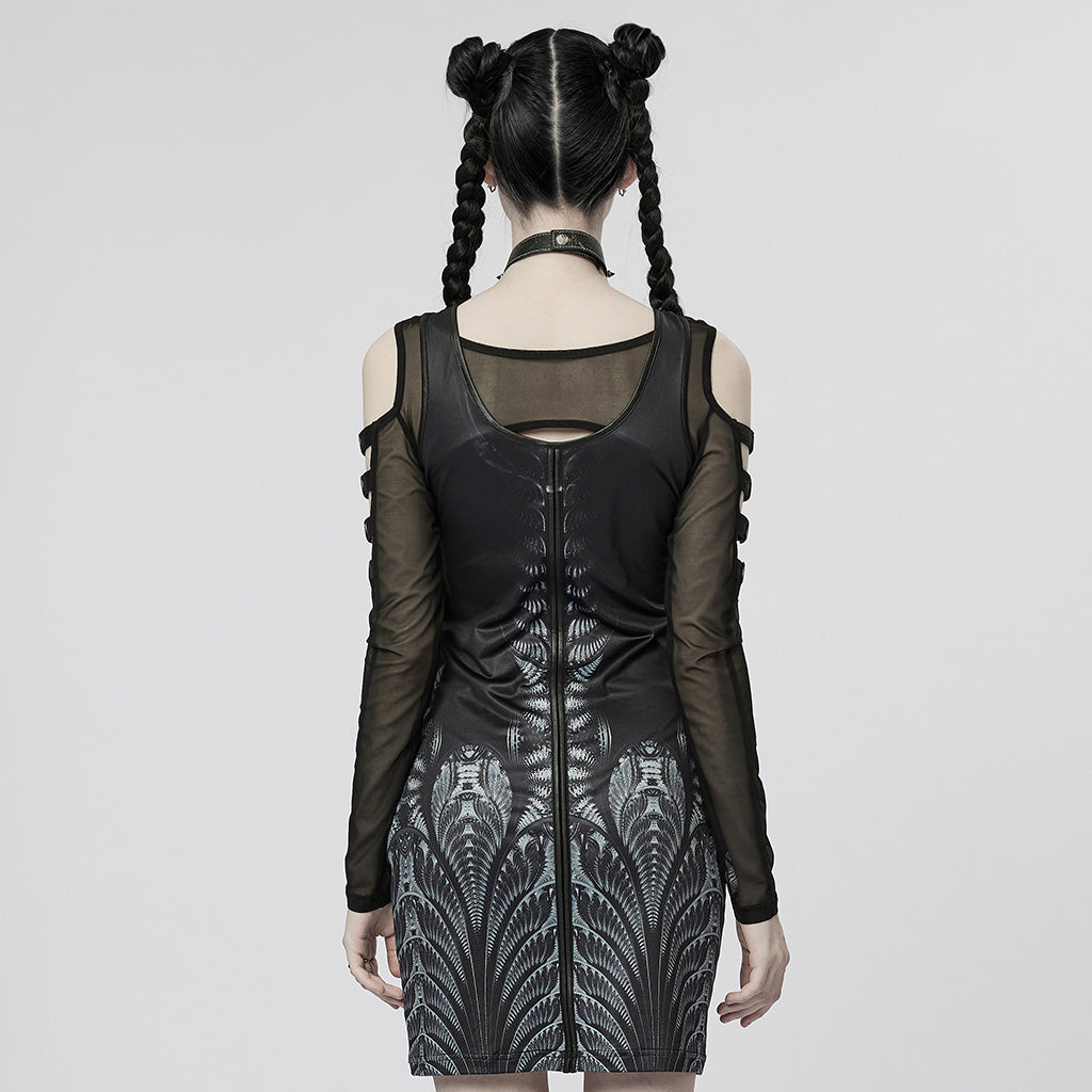 WQ-623LQF Mesh Sleeve Gothic Dress with Intricate Lace Skull Design?-??Punk Rave Clothing