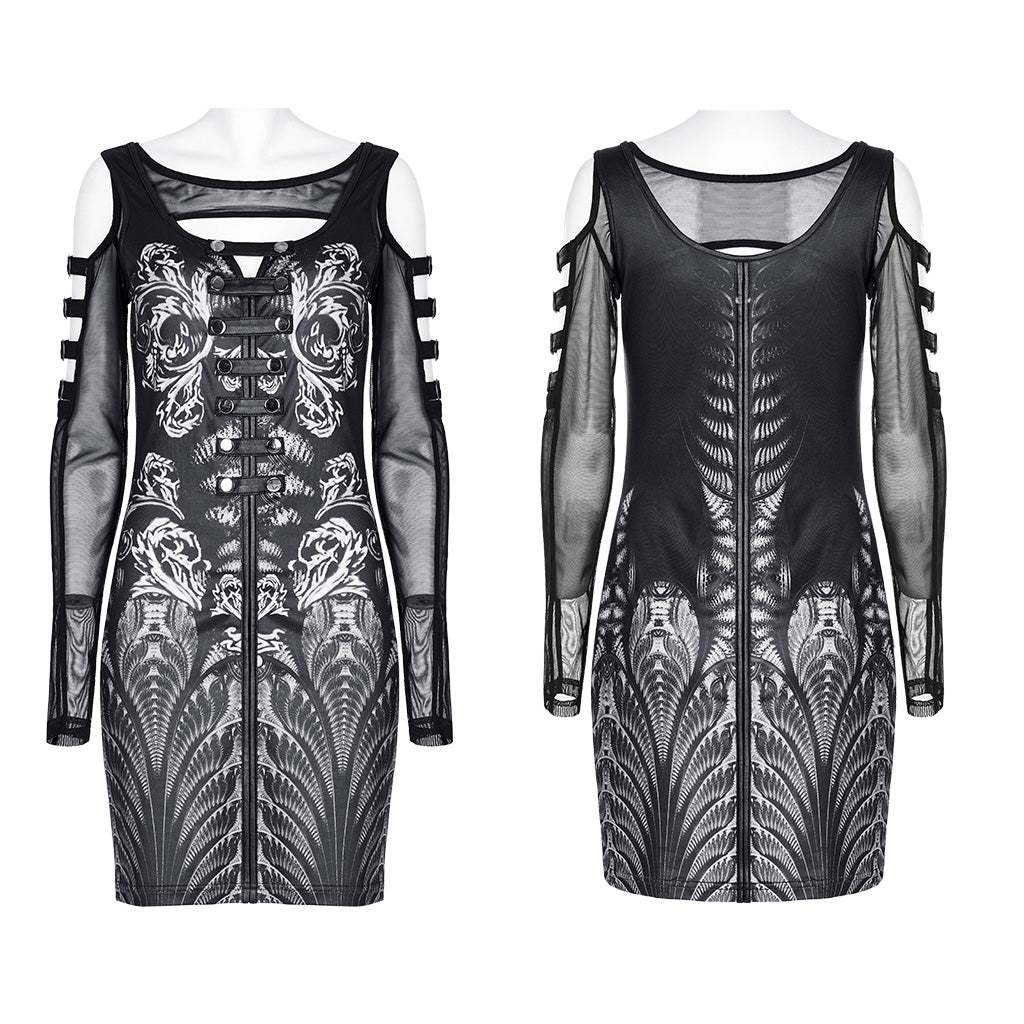 WQ-623LQF Mesh Sleeve Gothic Dress with Intricate Lace Skull Design?-??Punk Rave Clothing