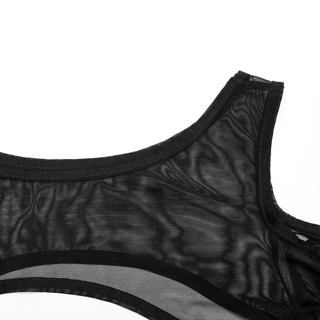 WQ-623LQF Mesh Sleeve Gothic Dress with Intricate Lace Skull Design?-??Punk Rave Clothing