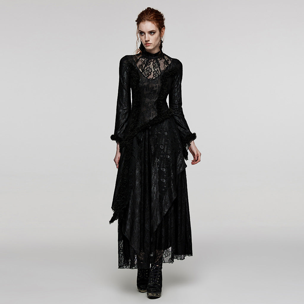 WQ-643LQF Elegant Lace Gothic Dress with Asymmetrical Hem and Bell Sleeves