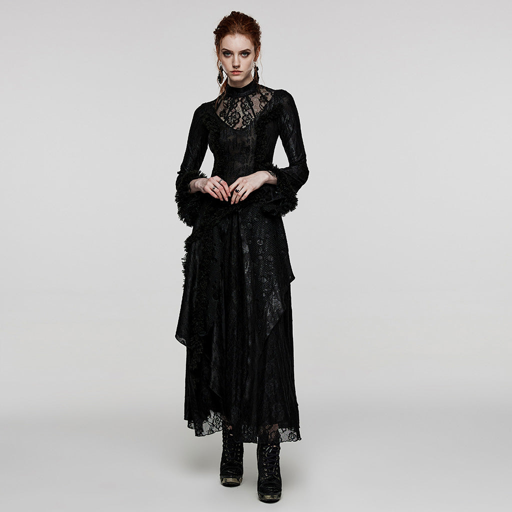 WQ-643LQF Elegant Lace Gothic Dress with Asymmetrical Hem and Bell Sleeves?-??Punk Rave Clothing