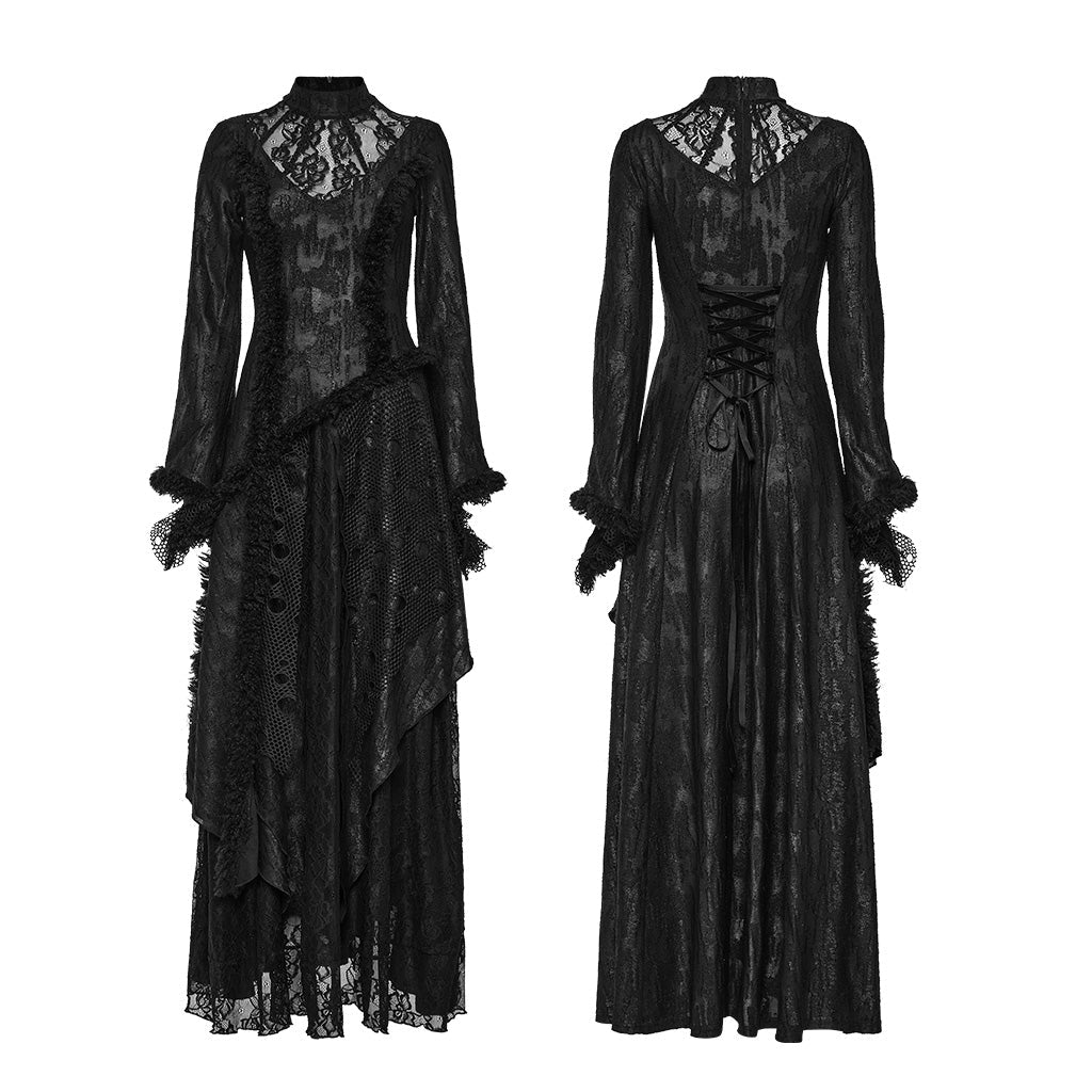 WQ-643LQF Elegant Lace Gothic Dress with Asymmetrical Hem and Bell Sleeves?-??Punk Rave Clothing
