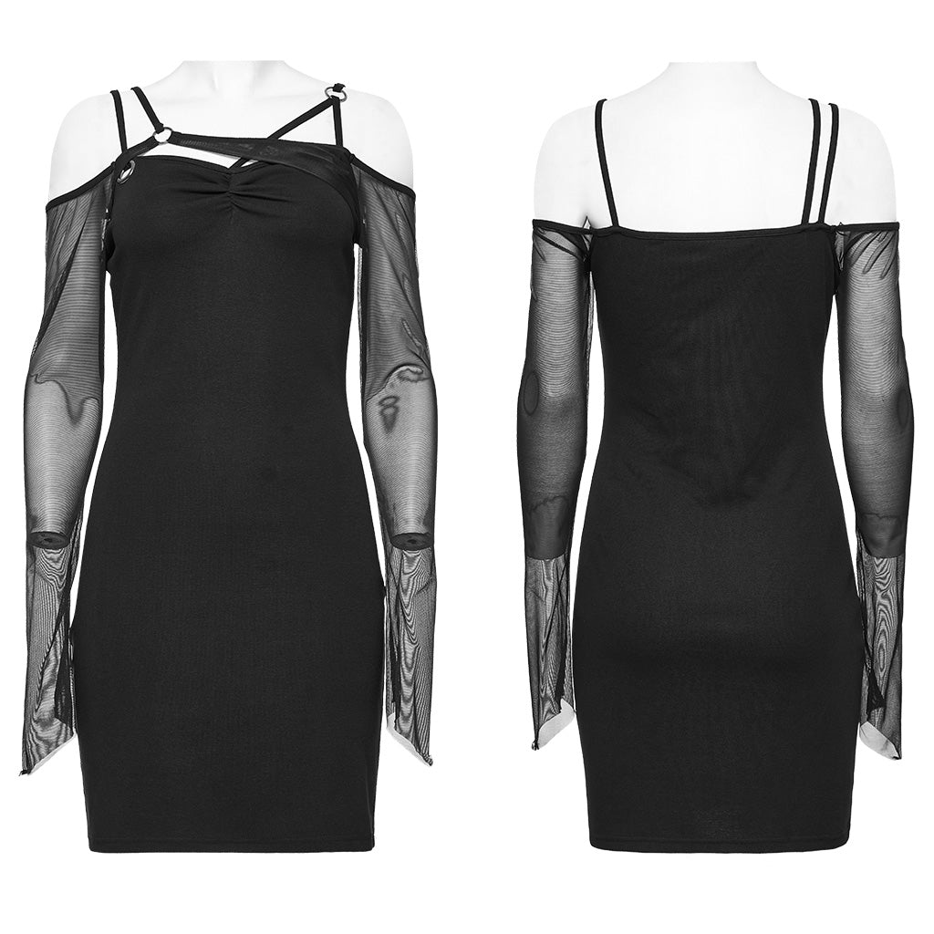 WQ-648LQF Gothic Off-Shoulder Mesh Sleeve Dress black?-??Punk Rave Clothing