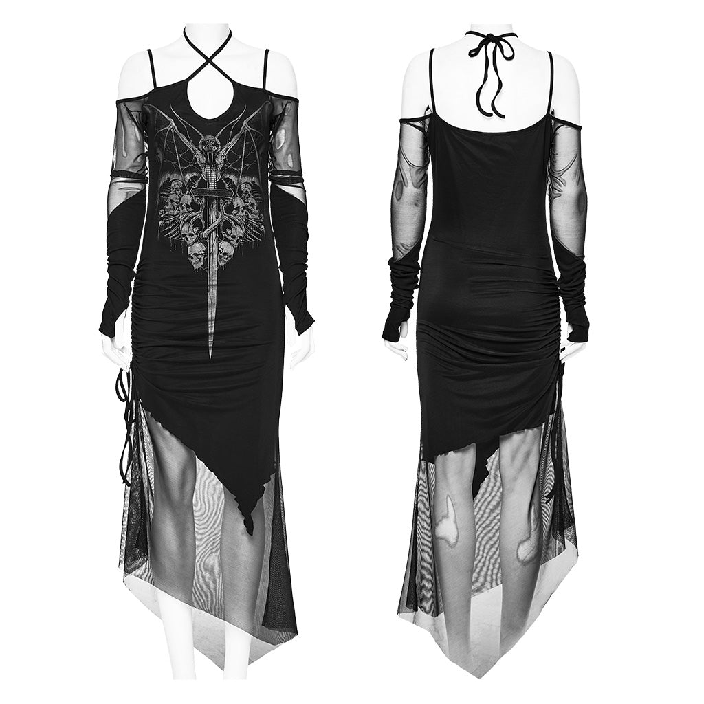 WQ-654LQF Gothic Dress Sheer Mesh Cold Shoulder Asymmetrical Hem Cross Embroidery Gothic Dress Mesh Panel Cold Shoulder Asymmetrical Hem Design Asymmetrical Mesh Sleeve Gothic Dress with Cold Shoulder Corset Style