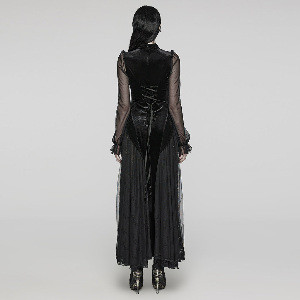 WQ-669LQF Elegant Sheer Sleeve Black Gothic Lace Maxi Dress