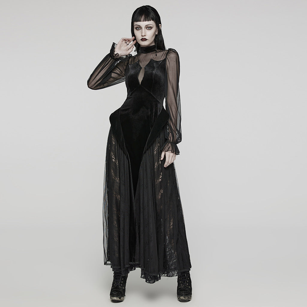 WQ-669LQF Elegant Sheer Sleeve Black Gothic Lace Maxi Dress