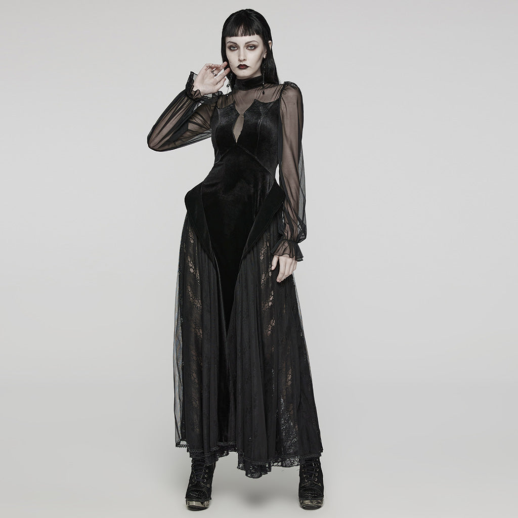 WQ-669LQF Elegant Sheer Sleeve Black Gothic Lace Maxi Dress?-??Punk Rave Clothing