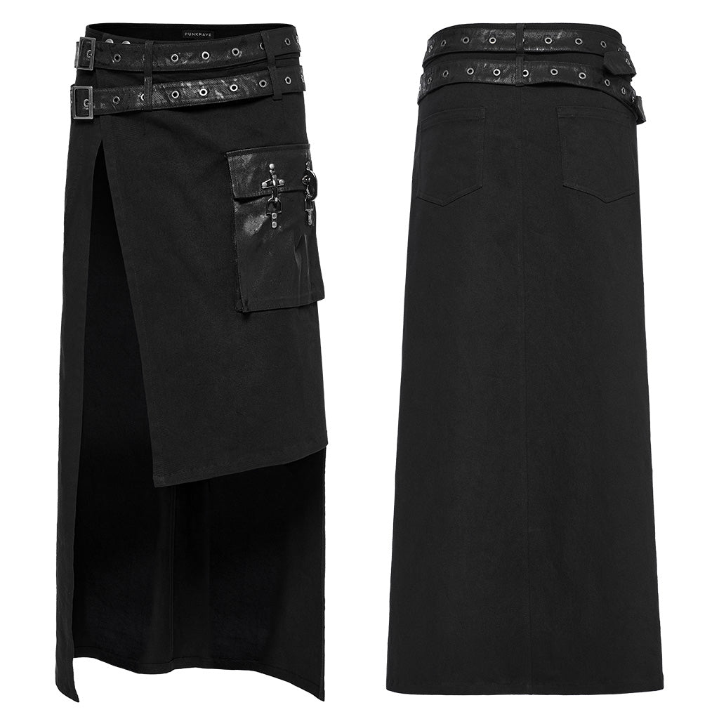 WQ-677BQM Gothic Punk Skirt with Faux Leather Pockets and Belts?-??Punk Rave Clothing