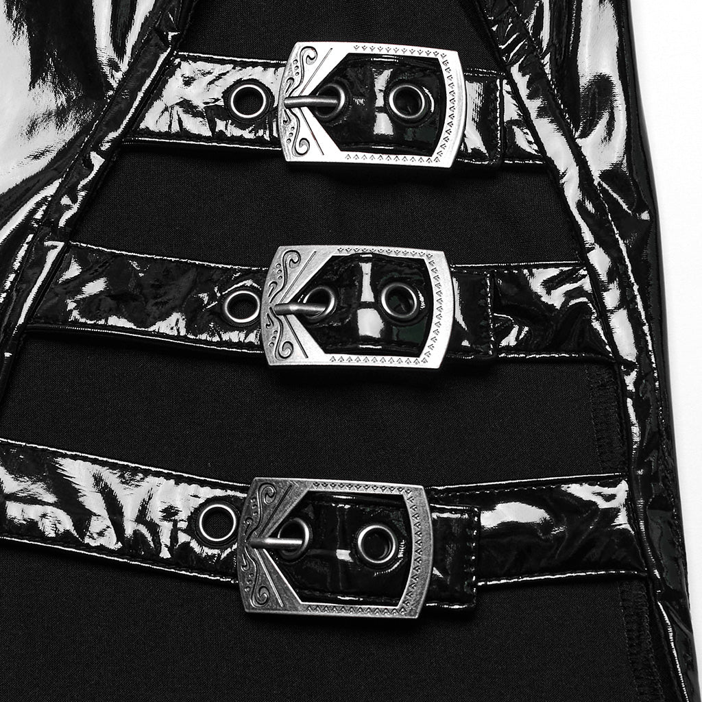 WQ-678LQF Glossy black Gothic Punk Slit Maxi Dress?-??Punk Rave Clothing