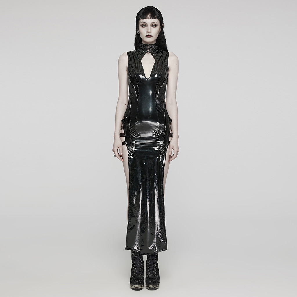 WQ-678LQF Glossy black Gothic Punk Slit Maxi Dress?-??Punk Rave Clothing