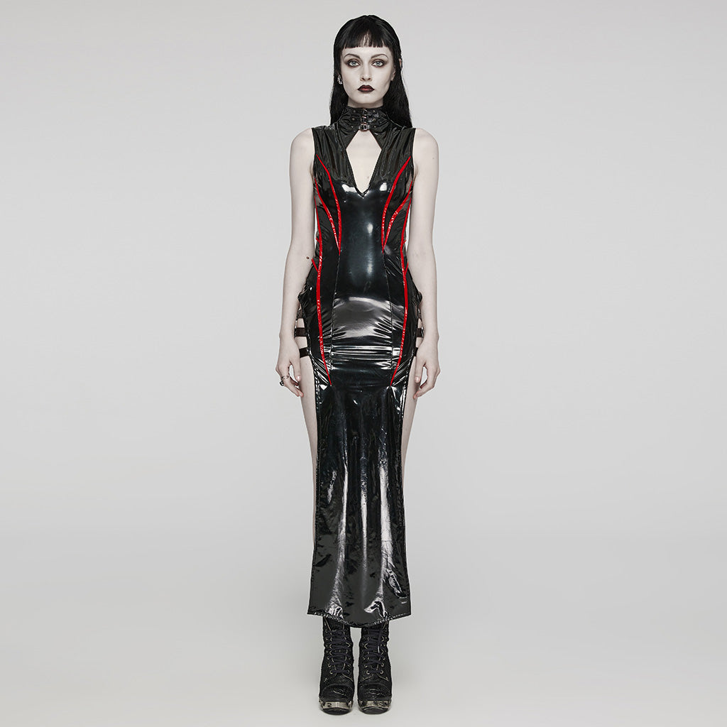 WQ-678LQF Glossy black Gothic Punk Slit Maxi Dress?-??Punk Rave Clothing