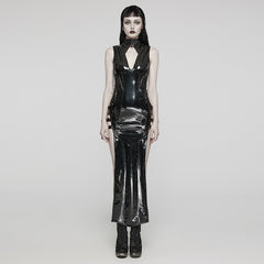 WQ-678LQF Glossy black Gothic Punk Slit Maxi Dress