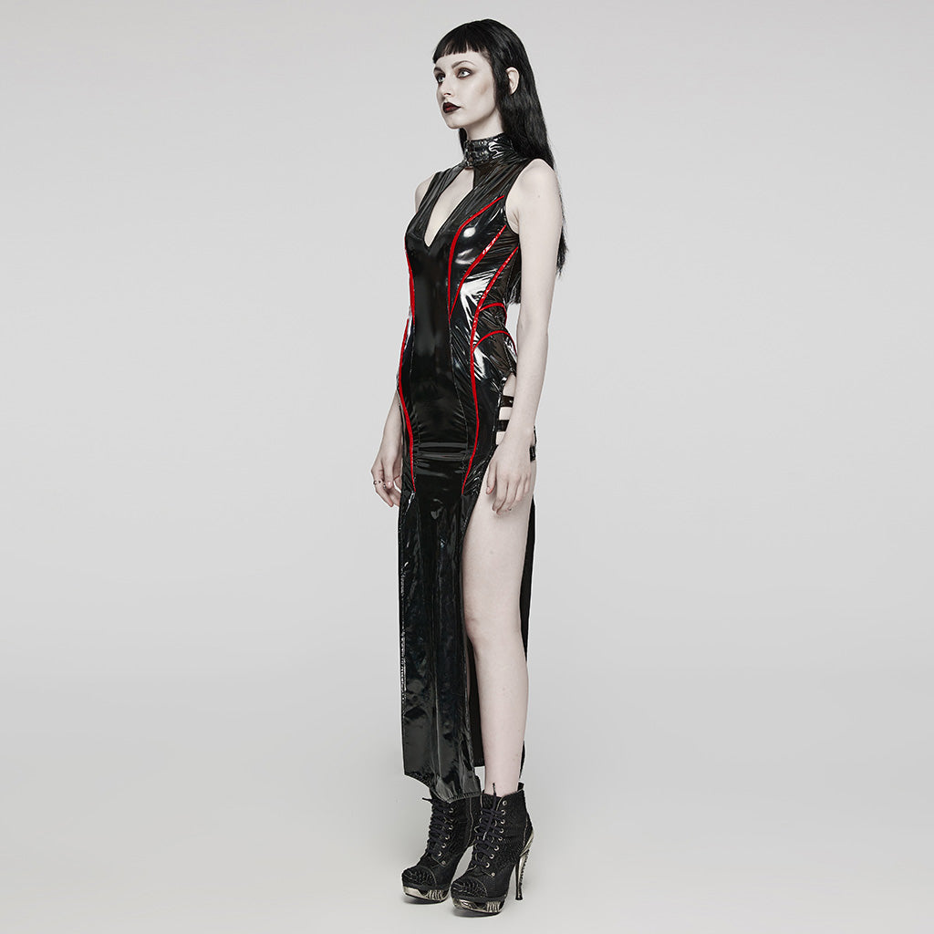 WQ-678LQF Glossy black Gothic Punk Slit Maxi Dress?-??Punk Rave Clothing
